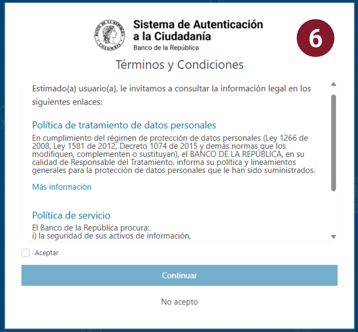 Imagen de los términos y condiciones que deben ser aceptados.