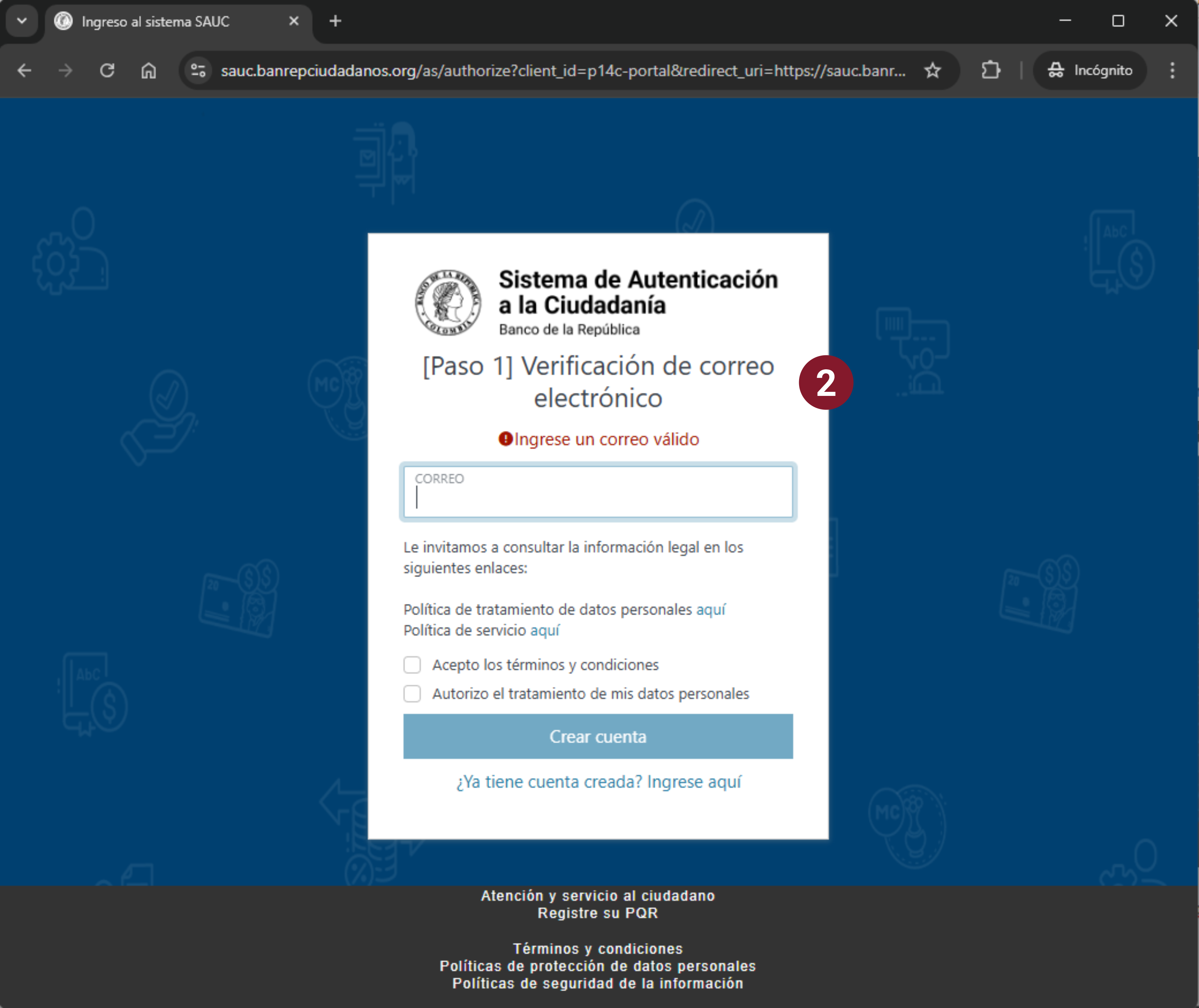 Imagen del campo en donde se diligencia el correo.