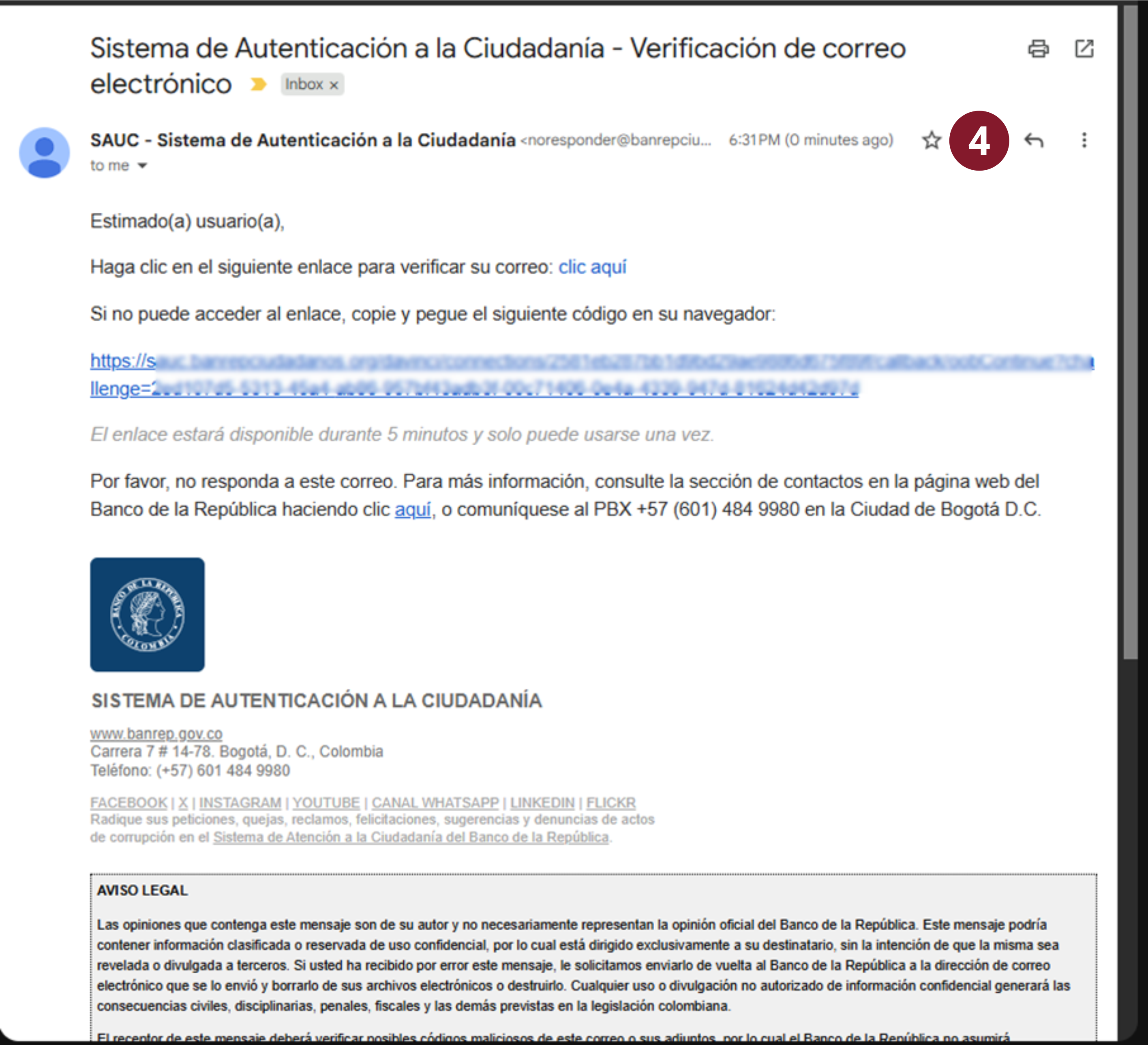 Muestra del correo electrónico que envía el sistema con el enlace.