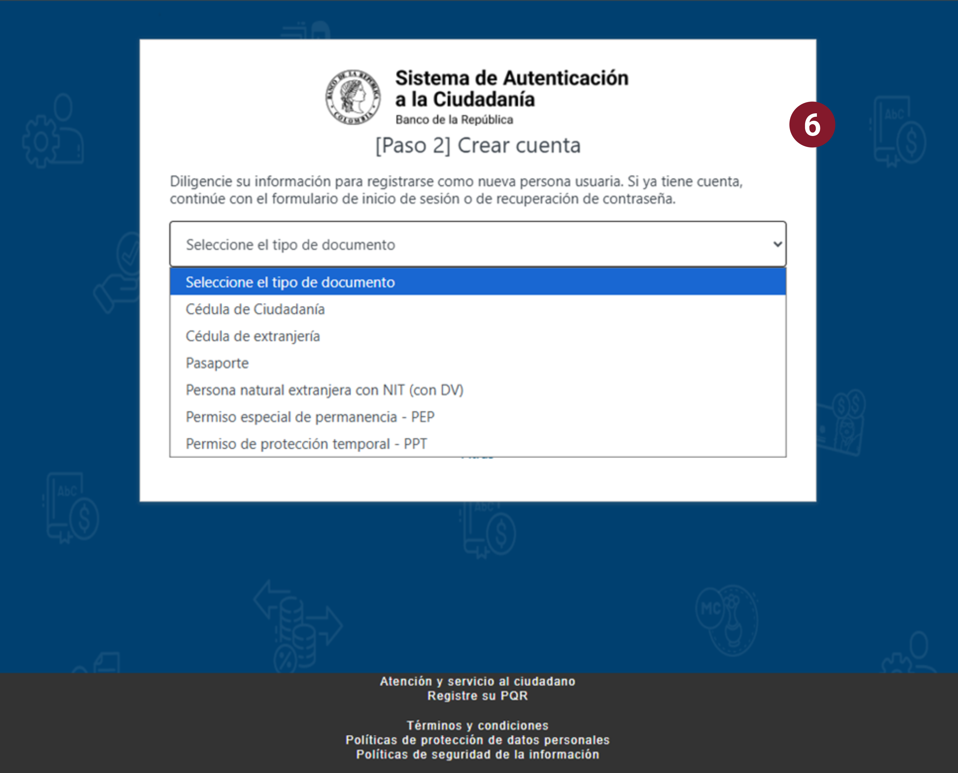 En la imagen se visualiza el menú desplegable de la opción: Seleccione el tipo de documento