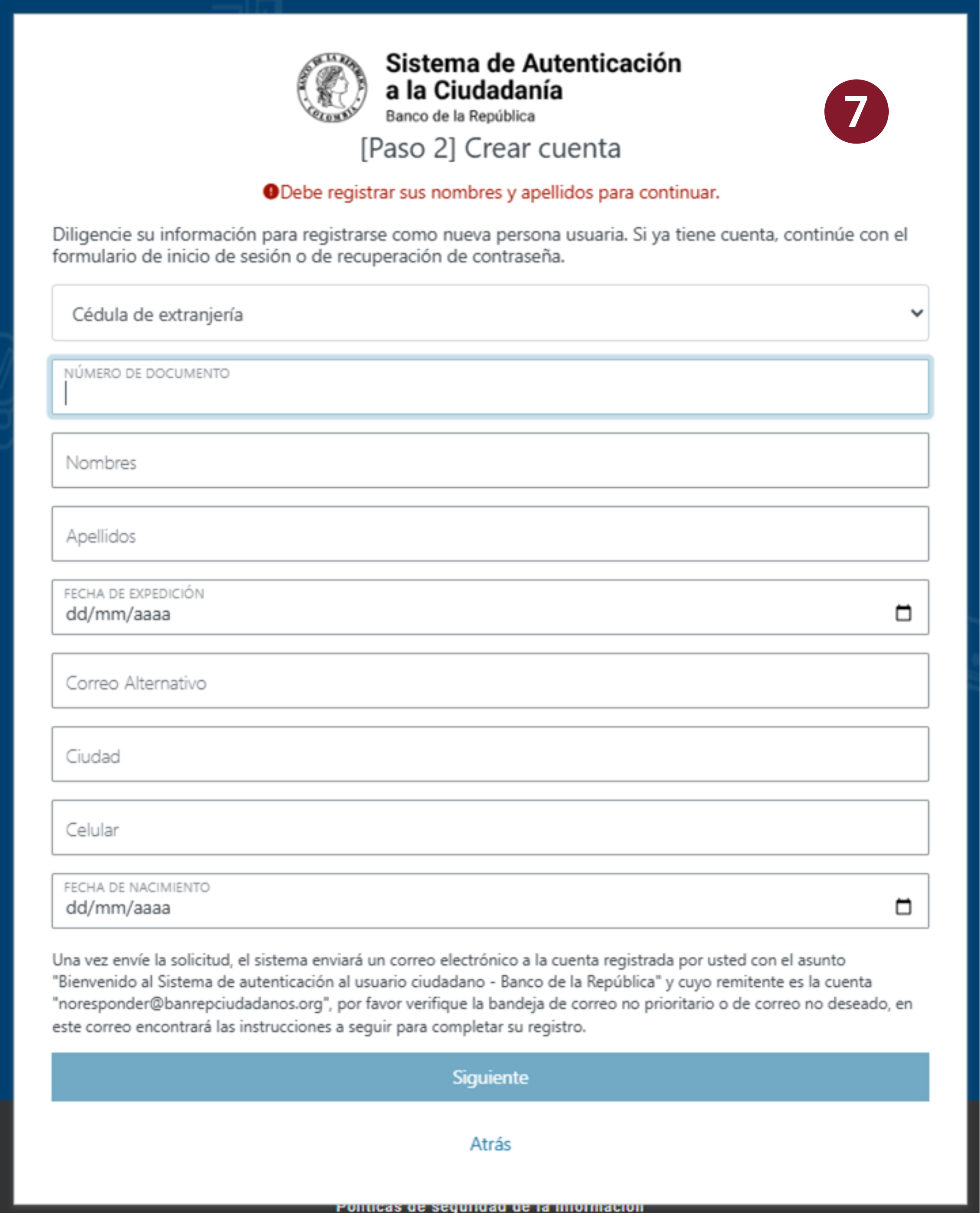 Se muestra una captura de pantalla con todos los campos que deben ser diligenciados para crear una cuenta en el sistema.