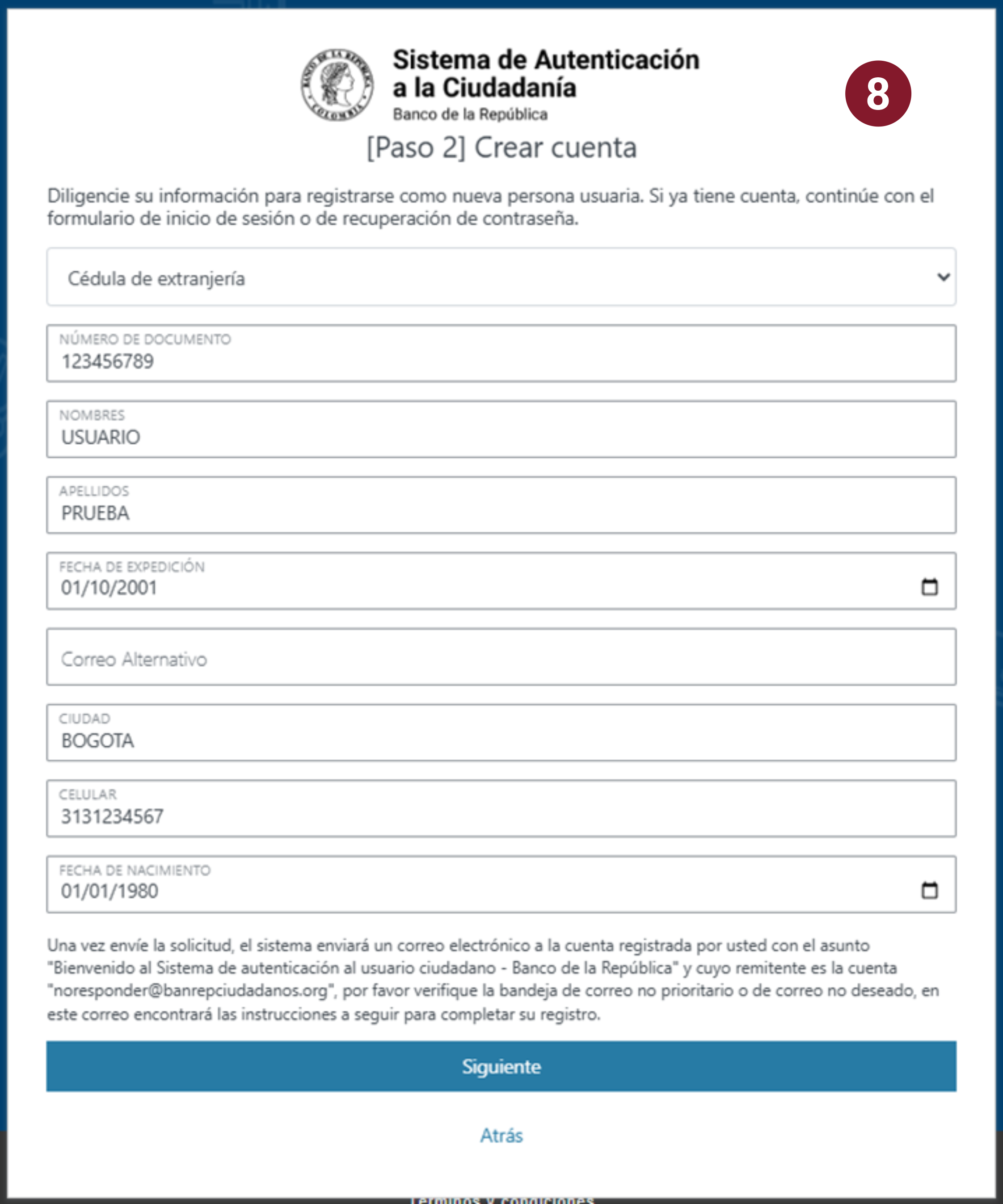 Se muestra una captura de pantalla con los campos diligenciados para crear una cuenta en el sistema.