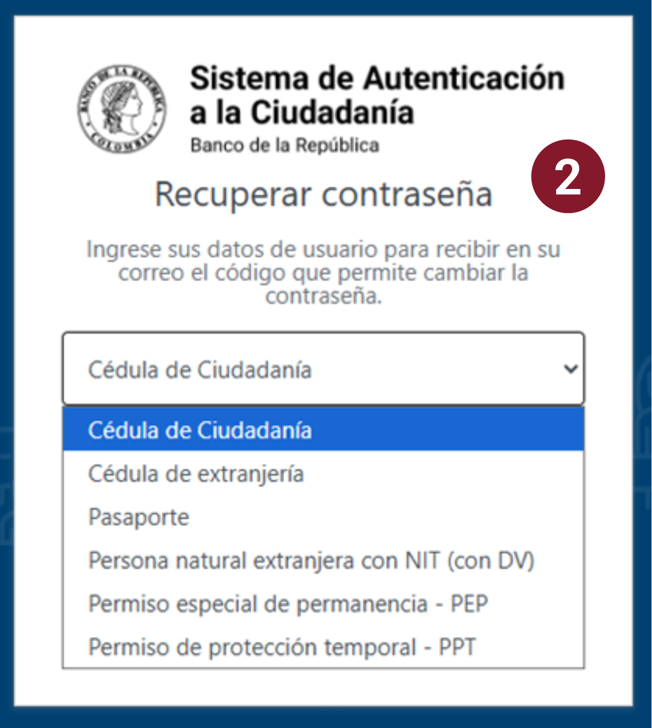 Se muestra el menú desplegable con las opciones de tipo de identificación para recuperar contraseña.
