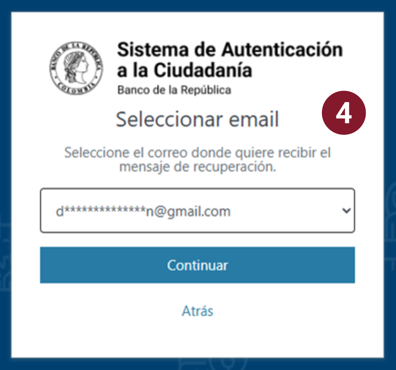 En la imagen se muestra un ejemplo de la lista que se presenta para que la persona usuaria seleccione el correo a donde quiere recibir el mensaje para recuperar la contraseña dentro del Sistema.
