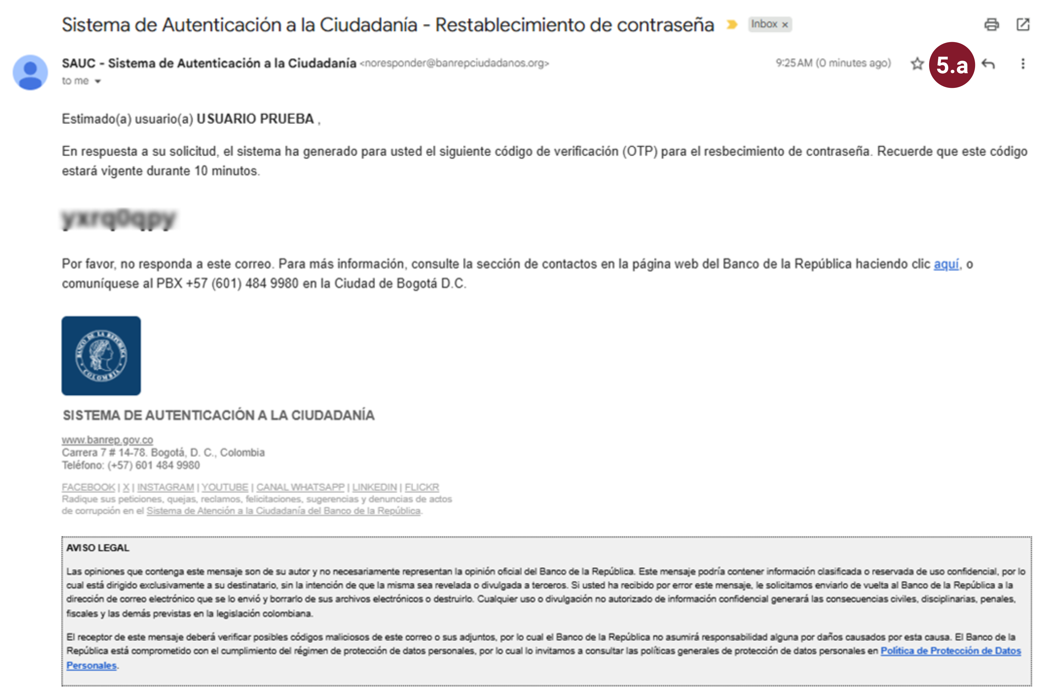 Captura de pantalla del mensaje que se podrá recibir en su bandeja de entrada para recuperar la contraseña.