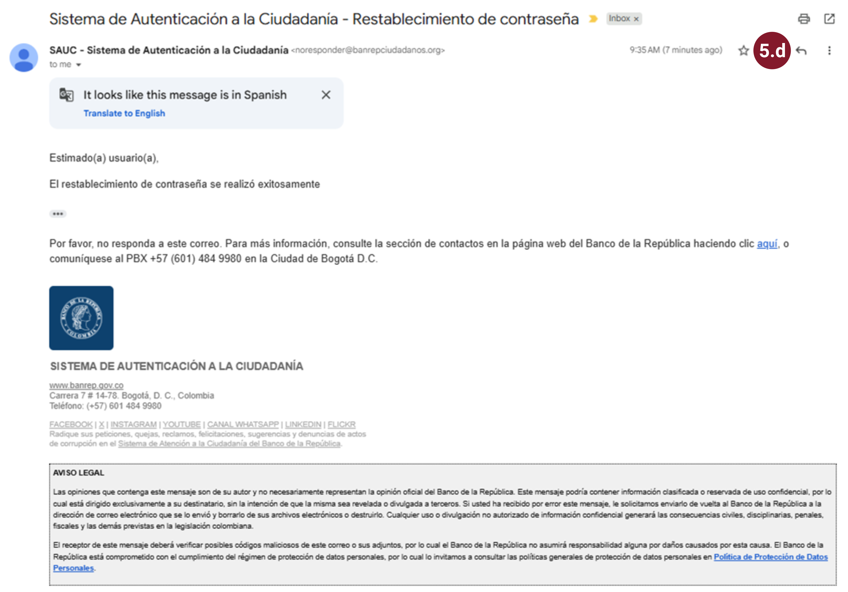 Se muestra una captura de pantalla del mensaje de correo que envía el sistema para notificar el cambio de contraseña.