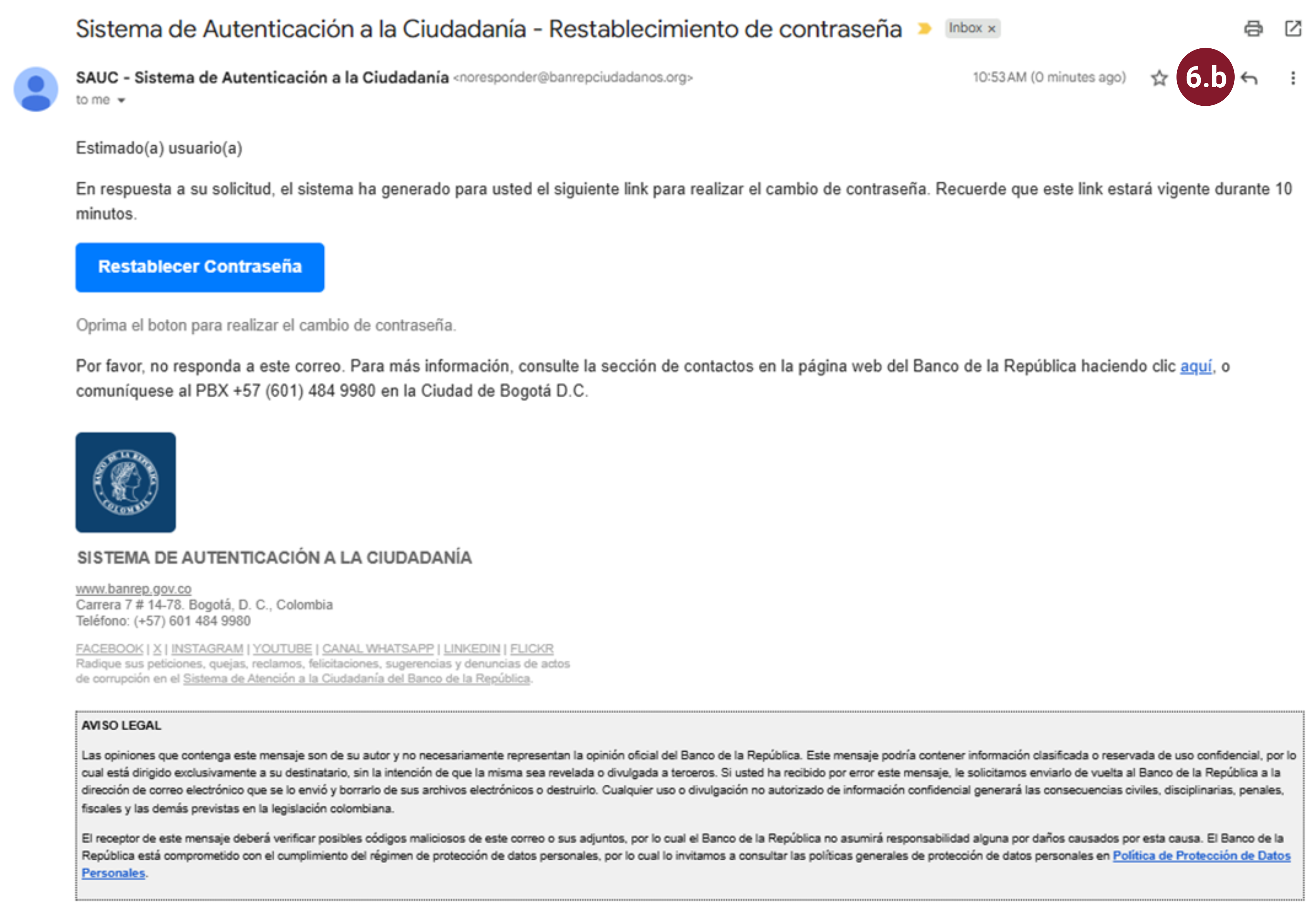Se muestra una imagen del correo que enviará el sistema para proceder con el proceso de restablecer la contraseña.