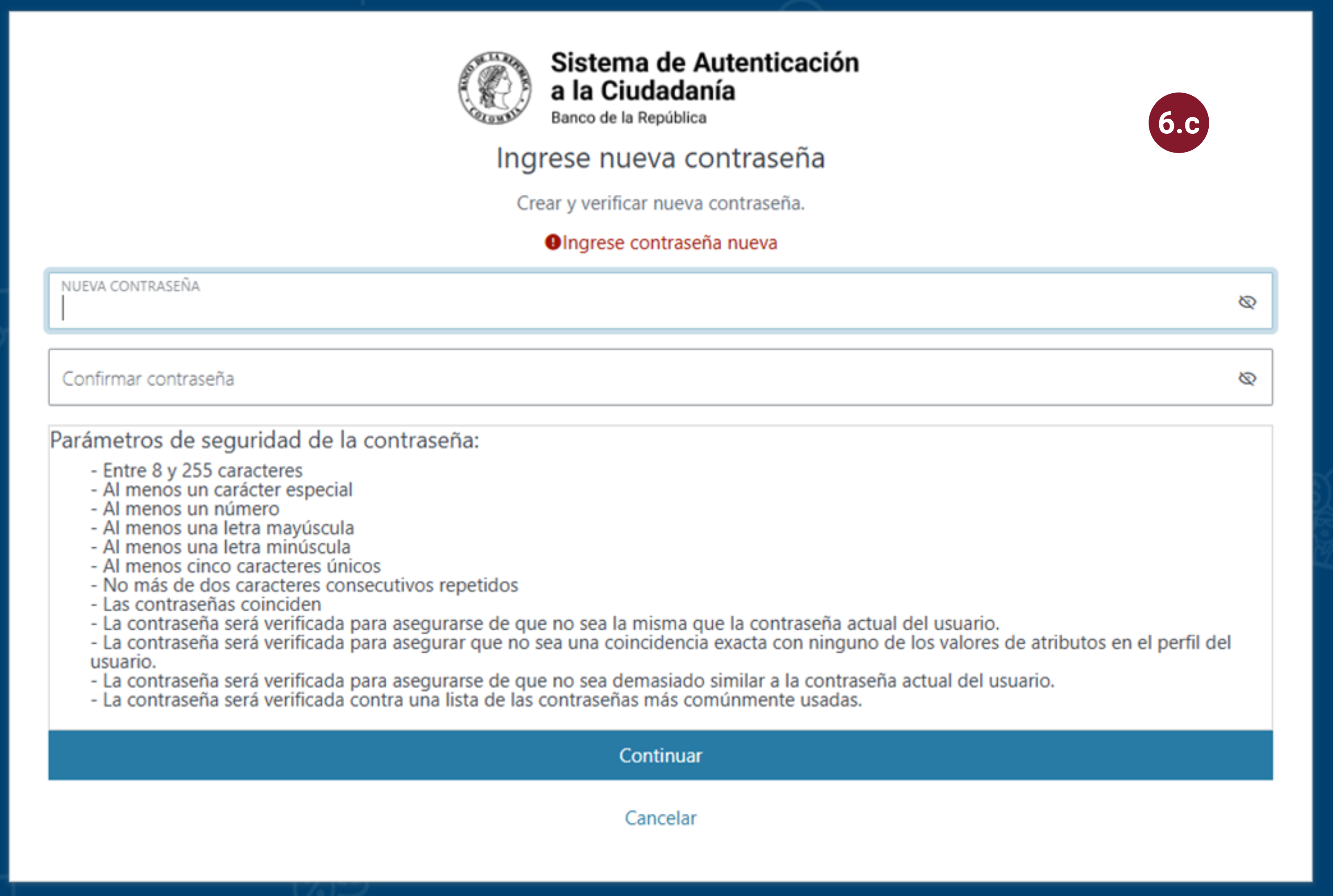 Se muestra el formulario que abre el sistema para ingresar la nueva contraseña y confirmarla.