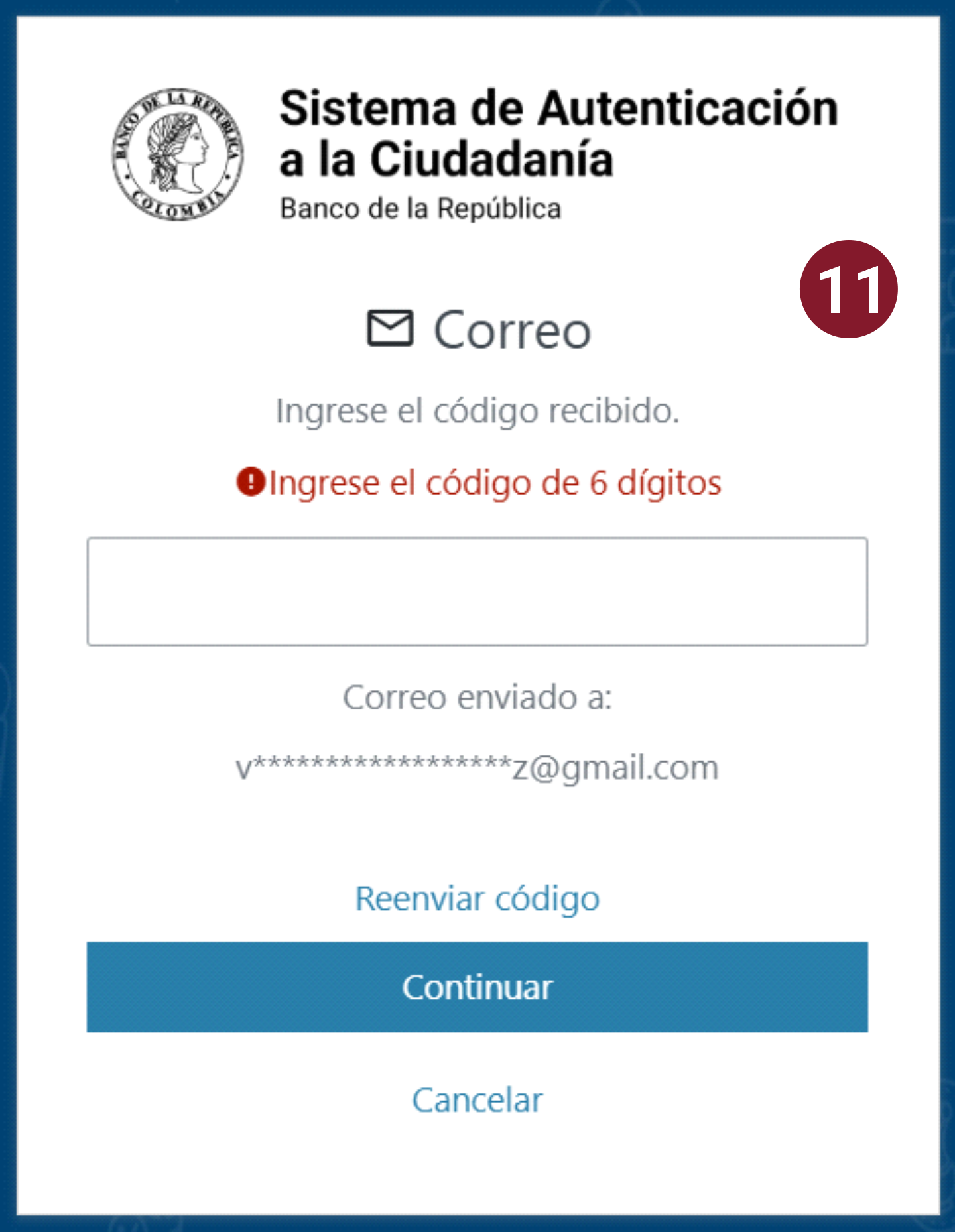 Captura de pantalla que muestra el campo en donde se debe ingresar el código.