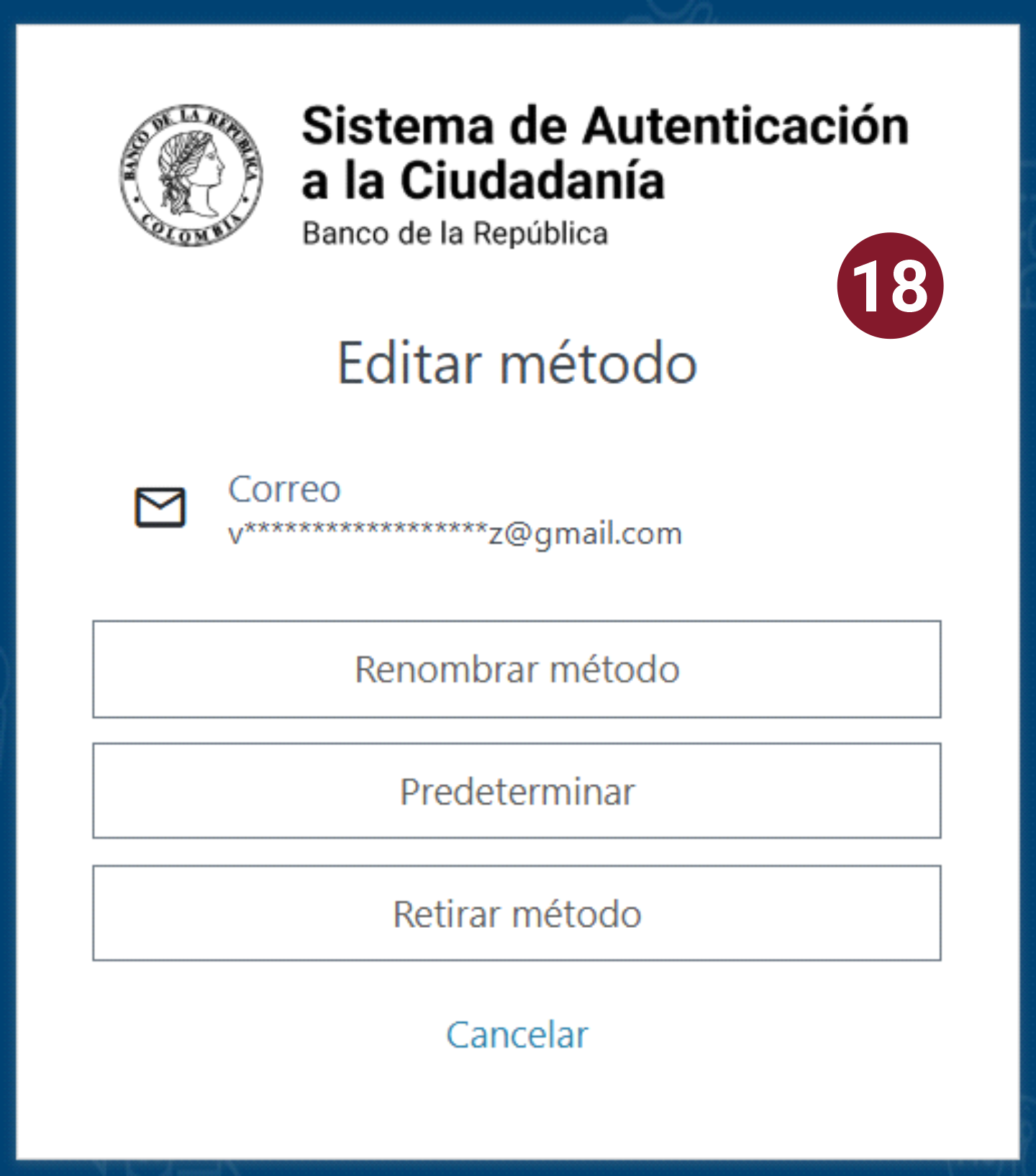 Interface que muestra las opciones de gestión de los métodos