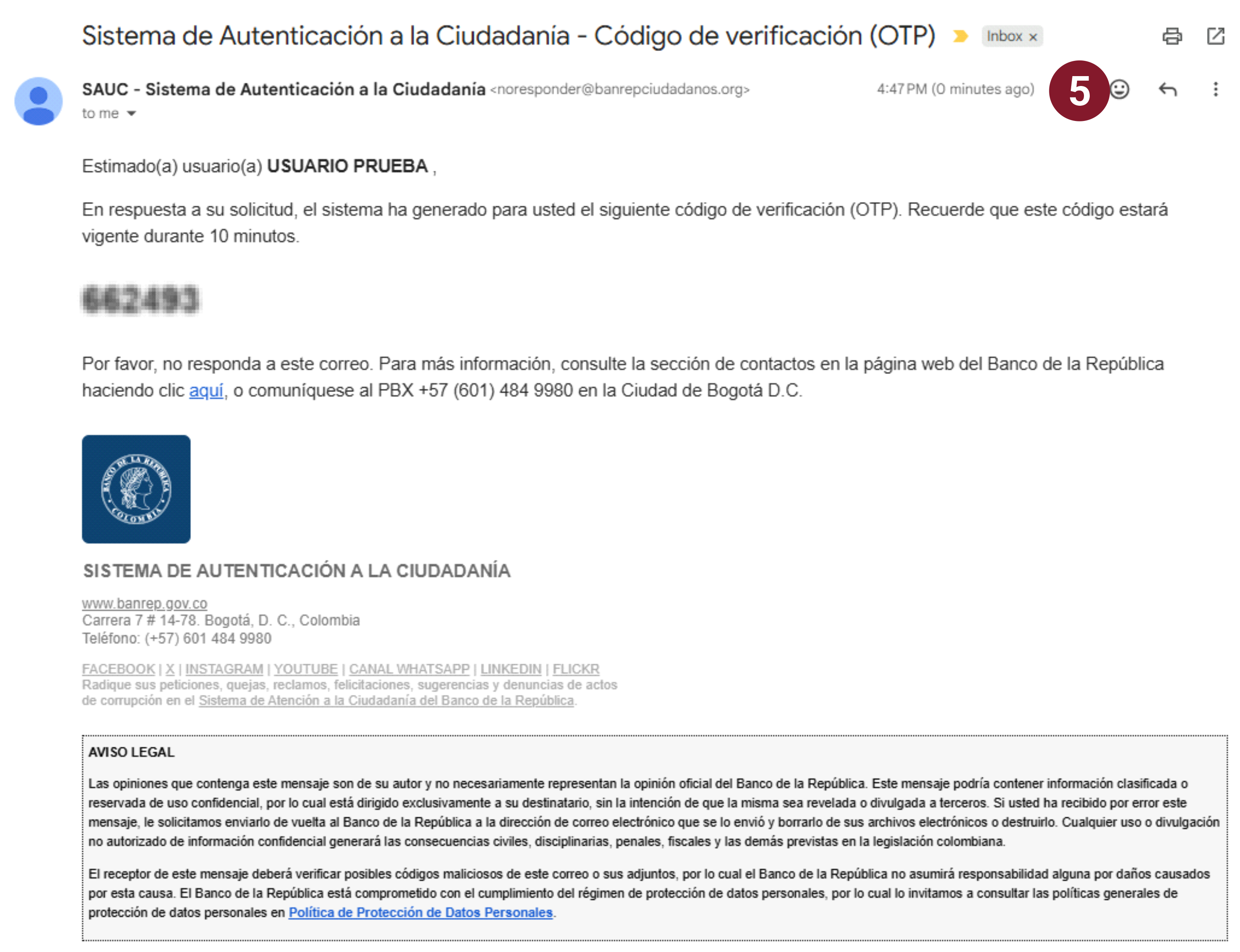 Captura de pantalla del correo que se recibe en el correo con el código.