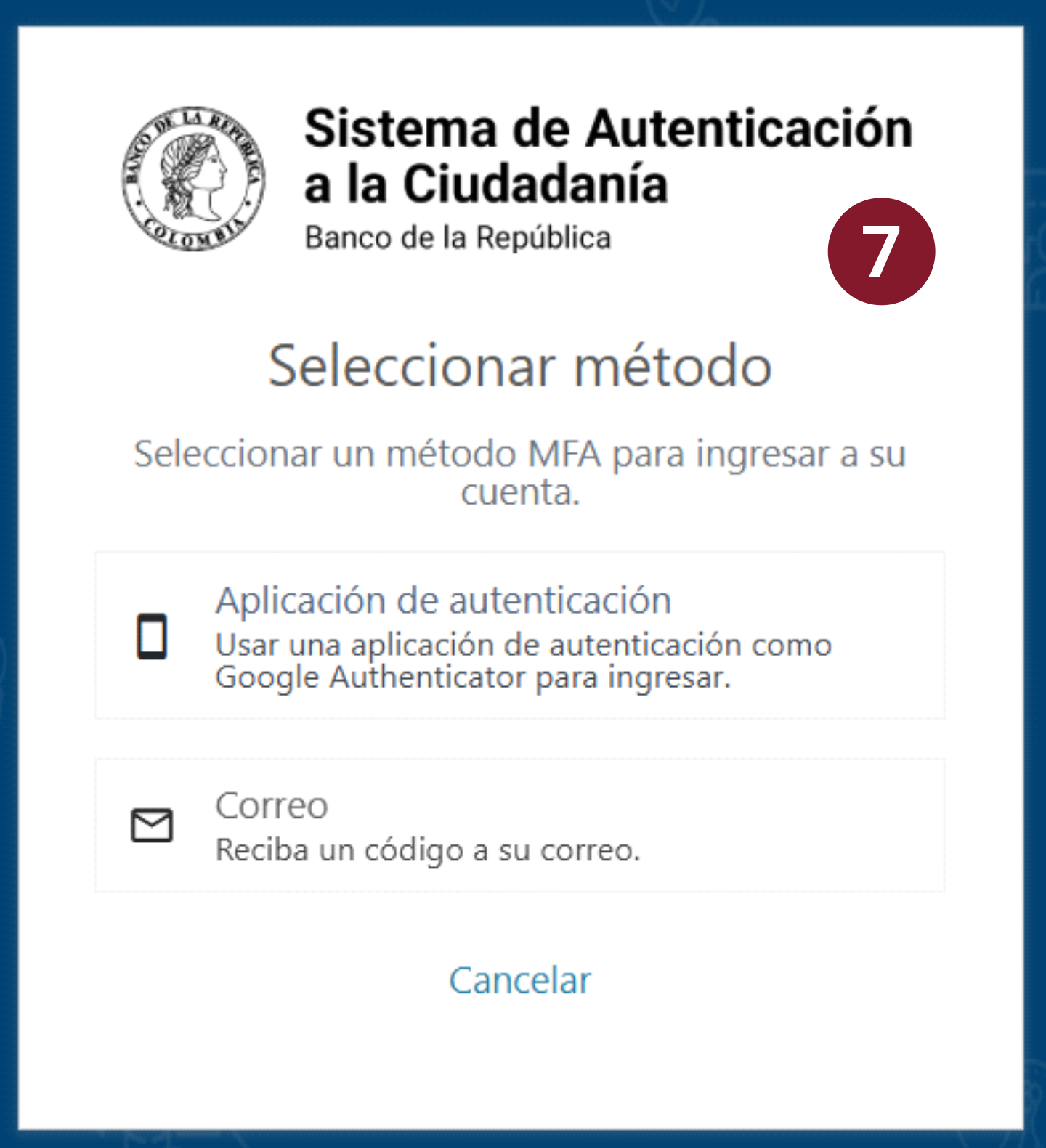Imagen de la interface para seleccionar el método