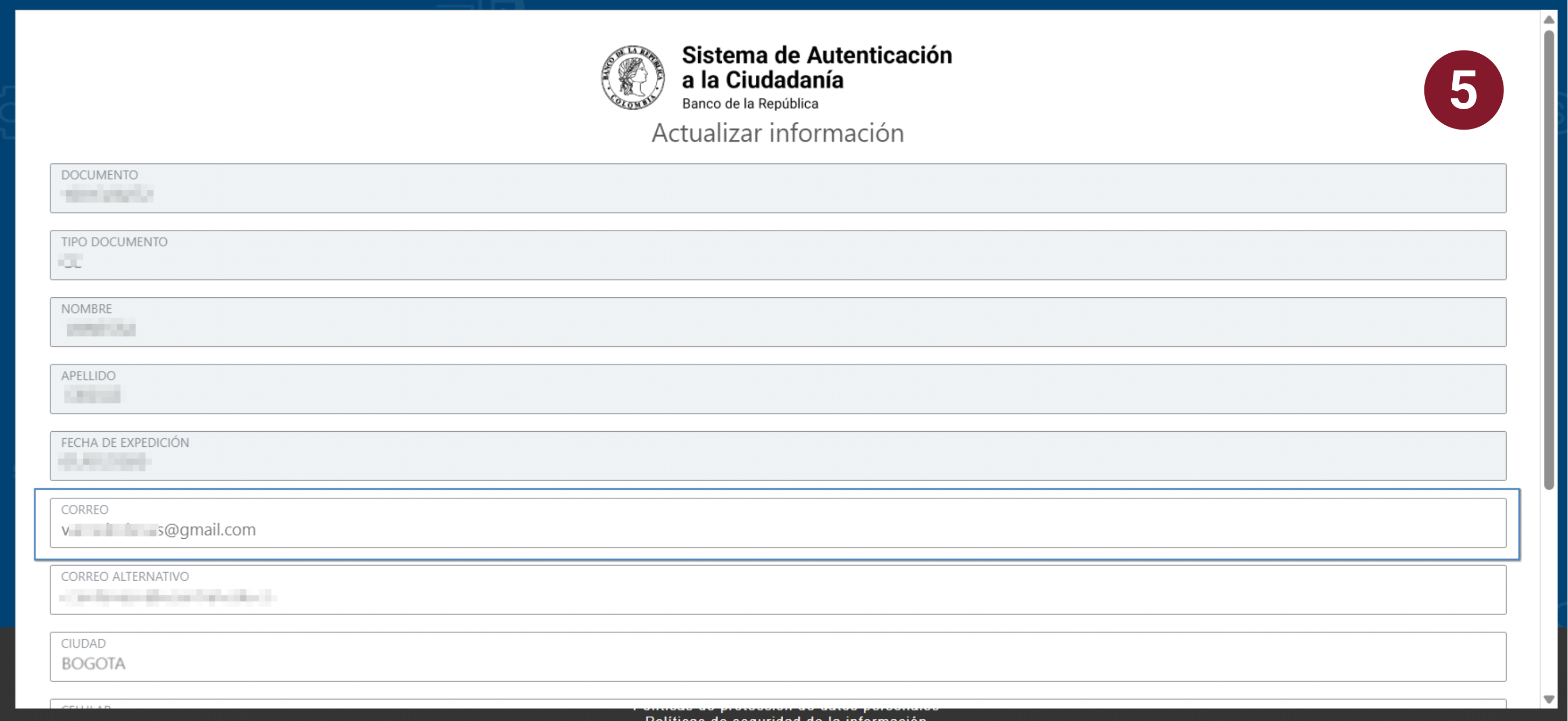 Imagen del formulario de información personal en donde se actualiza la cuenta de correo electrónico