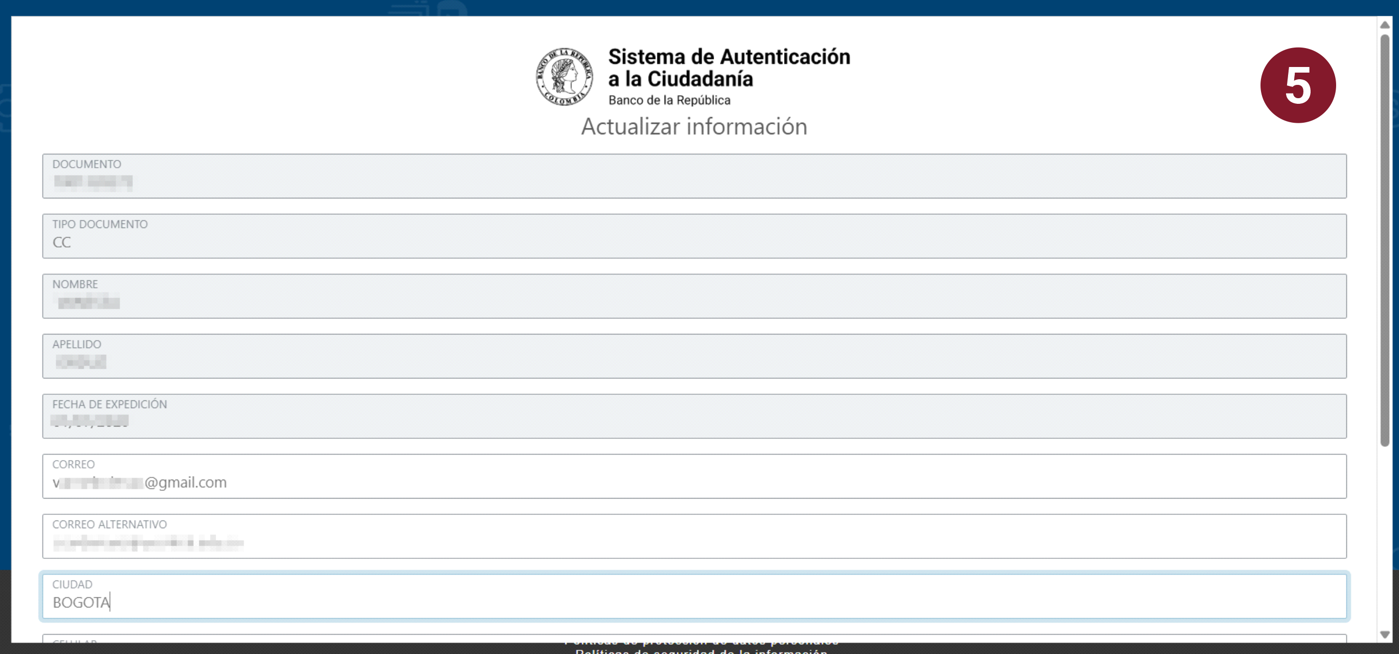 Imagen del formulario para actualizar los datos