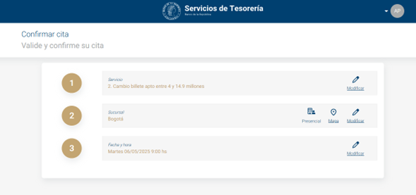 Imagen de la pantalla de confirmación de cita, en donde se muestra el servicio elegido, el lugar seleccionado, la fecha y hora; así como botones que permiten modificar las elecciones realizadas.
