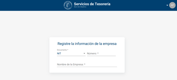 Imagen que muestra los campos de diligenciamiento de información de la empresa o institución que se represente. Se incluye: tipo de documento, número y nombre.