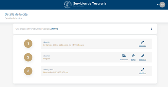 Imagen que muestra el detalle de la cita programada, los botones de modificar y de configuración de la cita.