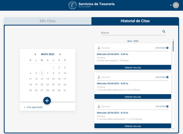 Imagen que muestra la pantalla con el "Historial de citas", al lado izquierdo se muestra un calendario con el mes en curso, así como un botón para agendar una nueva cita. Al lado derecho se muestran todas las citas agendadas.