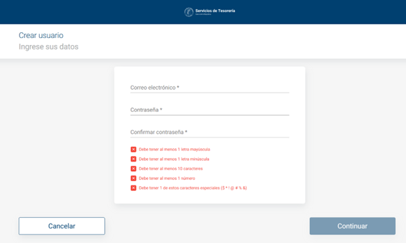 Imagen que muestra los tres campos que se deben diligenciar: correo electrónico, contraseña y confirmación de contraseña.