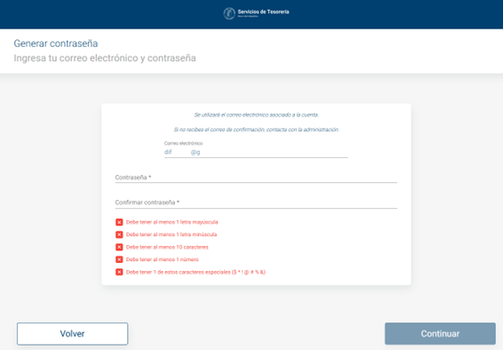 Imagen que muestra el formulario para generar nueva contraseña. Los campos incluidos son: correo, contraseña y confirmación de contraseña.