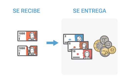 Ilustración que evoca el cambio de billetes de poca circulación por billetes y monedas