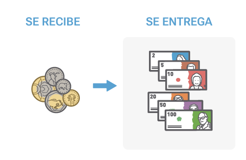 Ilustración que evoca el cambio de monedas por billetes.