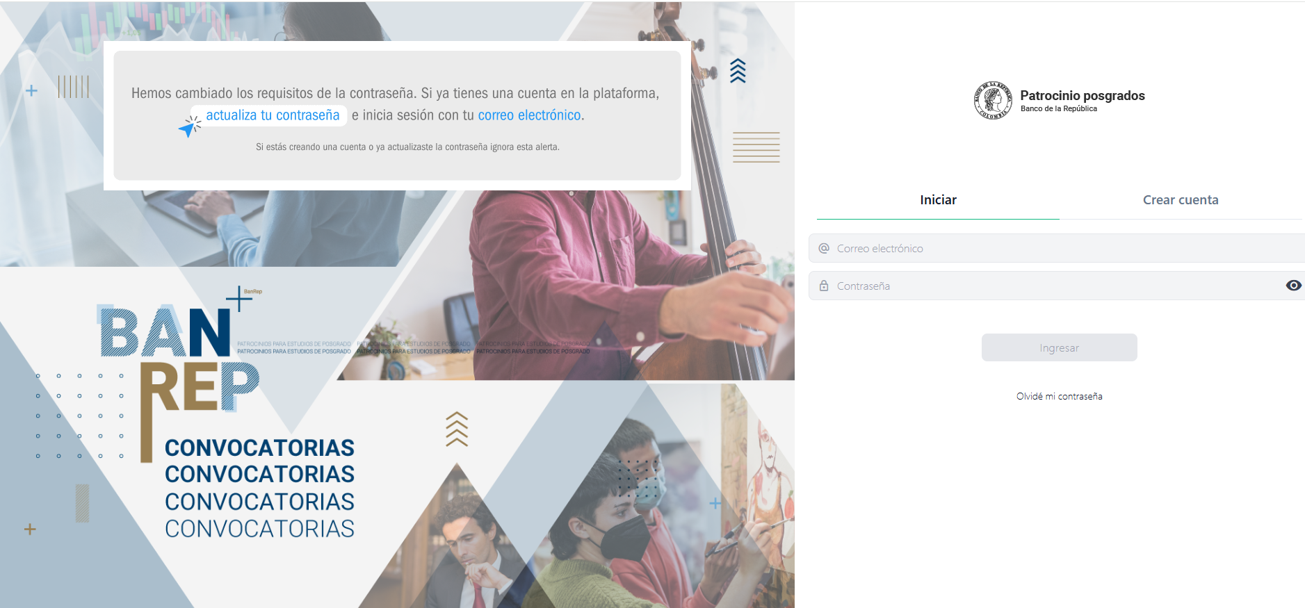 Captura de pantalla de la plataforma Patrocinio posgrados, de actualización de contraseña