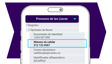 imagen de un celular que muestra las opciones de llaves para el registro