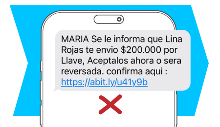 imagen de un mensaje de texto donde se muestra un ejemplo de que las transferencias por Bre-B no se deben aceptar, ingresan de una a la cuenta