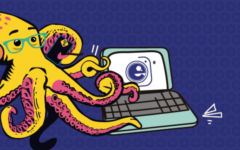 Ilustración de un pulpo trabajando en un portátil