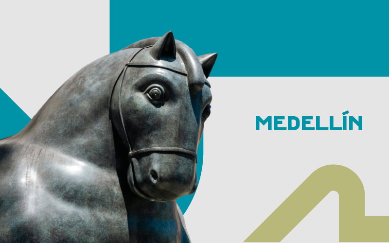 Imagen con la escultura del caballo de Botero y el texto "Medellín"